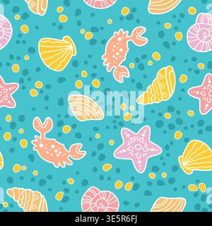 Hand drawn seamless pastel marine pattern with shells, corals, crab and stars, playful ocean themed boho background with soft blue, pink, yellow and Stock Vector