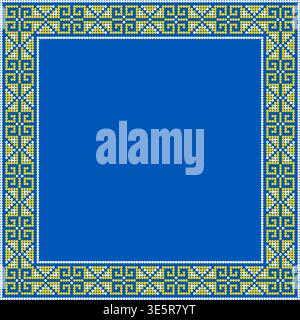 quare frame made of traditional Ukrainian embroidery pattern with yellow and blue cross stitch ornament on white background Stock Vector