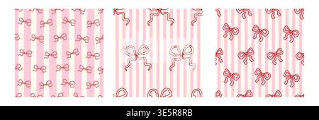 Seamless pink bow pattern set with delicate ribbons on soft background. Cute flirtatious print perfect for gift wrap, feminine fashion design, or trendy aesthetic texture. Stock Vector