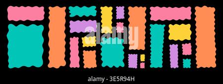 Set of colorful abstract wavy frames and labels on black background. Modern organic shapes collection for banners, tags, stickers, social media posts, posters and web design elements. Stock Vector