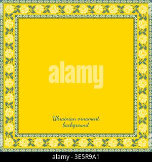 Vector illustration of Ukrainian ornament in ethnic yellow and blue floral style, identity, vyshyvanka, embroidery, cross stitch ornament Stock Vector