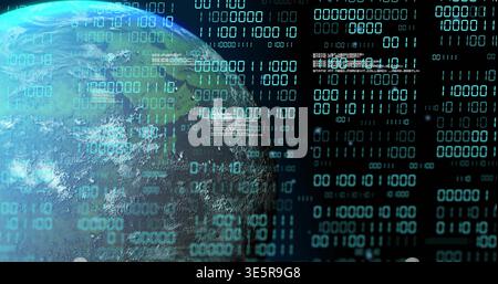 Displaying Earth-like globe occupying left side in orbit, streaming binary digits and HUD panels Stock Photo