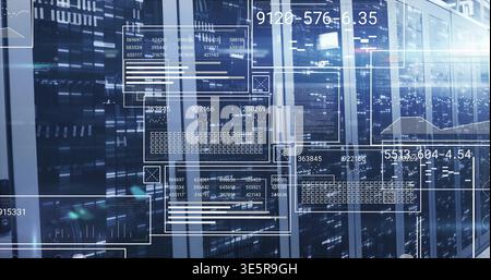 Displaying bank of server racks with glass-front doors in data center, showing LED readouts Stock Photo