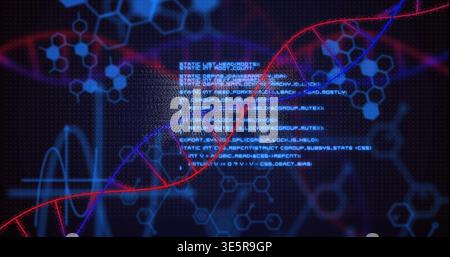 Displaying red and blue double helix crossing central code block in virtual lab, showing hexagons Stock Photo