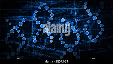 Displaying molecular helix strands on dark monitor, showing glowing node clusters and grid lines Stock Photo