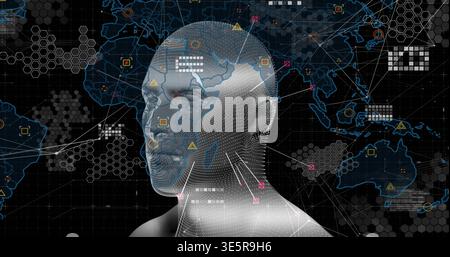 Displaying 3D dotted head mesh connecting to global map grid in virtual HUD, showing node markers Stock Photo