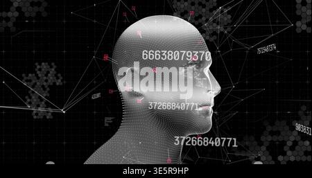Displaying dot-mesh head facing right on hex grid with numeric tags, wireframe lines and red nodes Stock Photo