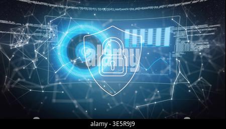 Displaying outlined shield with padlock guarding virtual cyberspace dashboard with HUD, graphs Stock Photo