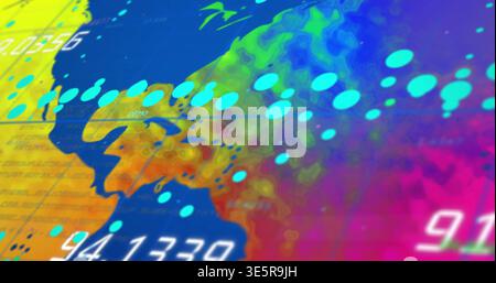 Displaying multicolor map-like shape pulsing on dashboard with cyan dots and numeric readouts Stock Photo