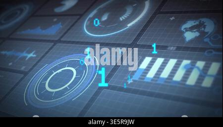 Displaying circular radar HUD glowing slightly left on dark grid plane, showing globe and bits Stock Photo