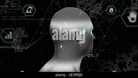 Rendering gray dotted mesh head and wireframe in dashboard showing green hex badges and 25 Stock Photo