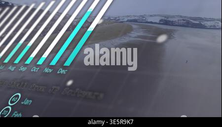 Showing translucent data overlay on left over coastal beach, with vertical bars, lone walker right Stock Photo