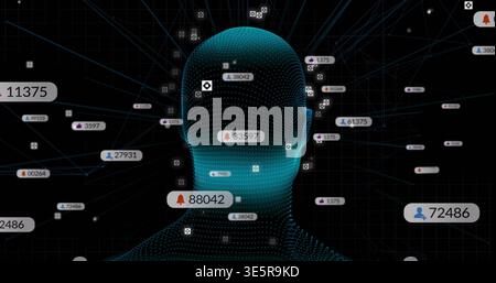 Pulsing wireframe human head emitting radial lines in virtual network, with floating numeric labels Stock Photo