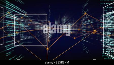 Streaming orange nodes linking with thin lines through deep 3D space, showing code panel, wireframe Stock Photo