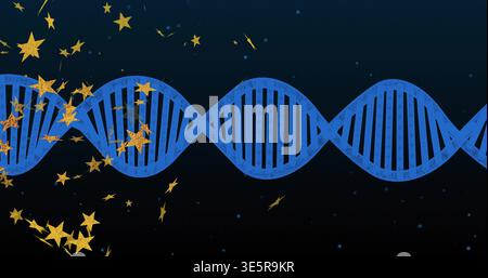Spanning stylized blue DNA helix stretching across cosmic navy gradient, showing gold star confetti Stock Photo