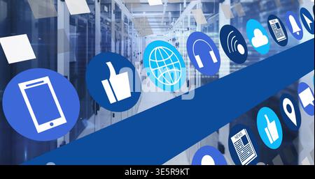 Displaying diagonal band of blue icons floating across server corridor, reflecting on racks Stock Photo