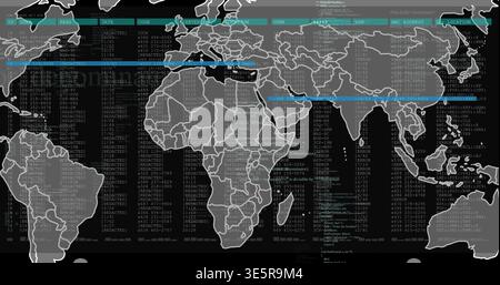 Displaying grayscale world map overlay highlighting IP code columns and teal alerts on dashboard Stock Photo