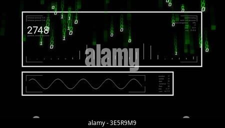 Displaying digital dashboard with two white framed panels on black, showing waveform, green binary Stock Photo