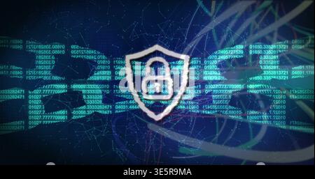 Glowing central shield with padlock icon protecting abstract digital network, with code streams Stock Photo