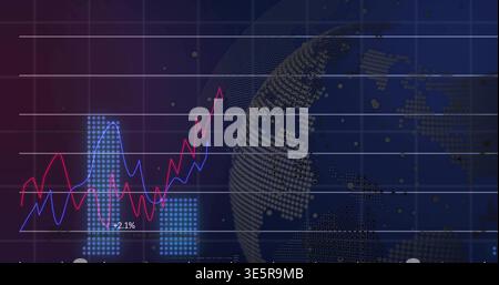 Displaying financial chart showing red and blue line graphs rising on dashboard, with +2 Stock Photo
