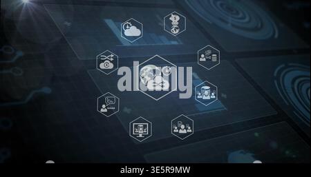 Displaying central hexagon icon showing globe syncing on dark grid dashboard, with nearby hex icons Stock Photo