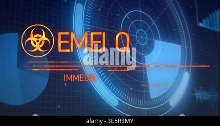 Projecting circular radar HUD on control dashboard, showing biohazard badge, EMEI Q and IMMEDQ Stock Photo