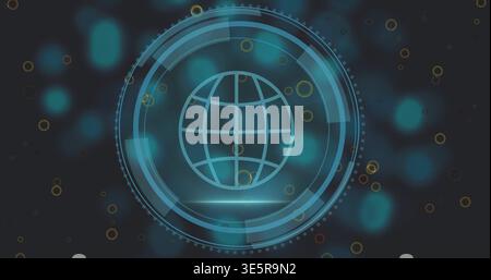 Rotating wireframe globe floating in HUD, emitting HUD rings and dotted perimeter, teal bokeh Stock Photo