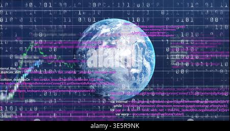 Displaying Earth globe rotating in cyber grid, with binary digits, code, magenta bands, green chart Stock Photo