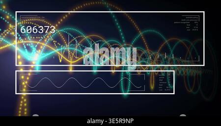 Displaying waveform HUD in digital display with dotted teal amber arcs, two panels, numeric 606373 Stock Photo