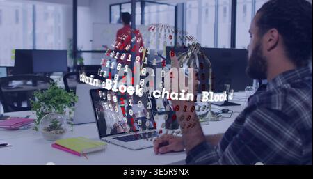 Typing bearded man in plaid shirt using laptop at office showing 3D blockchain globe, copy space Stock Photo