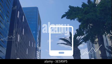 Displaying white phone overlay centering in city street, flanked by grid tower highrise palm graphs Stock Photo
