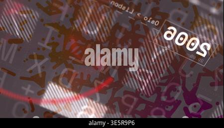 Displaying centered abstract symbols on dark gray textured backdrop, showing upside-down 2000 label Stock Photo