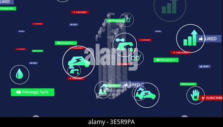 Displaying dotted mesh hub linking icons and Message Sent SUBSCRIBED LIKED badges in navy dashboard Stock Photo