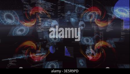 Displaying central cluster of floating holographic data panels in virtual void, with vortex visuals Stock Photo