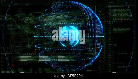 Projecting hologram globe rotating in digital dashboard, showing orbital rings, binary, red alerts Stock Photo