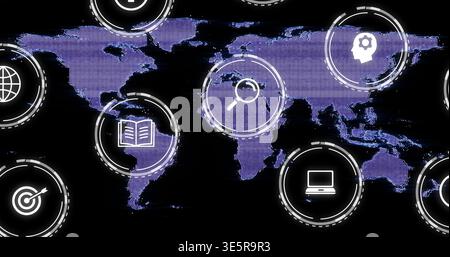 Displaying dotted world map on black screen, showing HUD-rings with magnifier, head-gear, target Stock Photo
