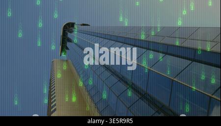 Towering blue-tinted glass skyscraper showing mullion grid in downtown, with green binary overlay Stock Photo