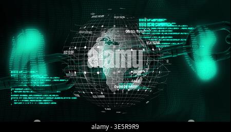 Rotating wireframe globe showing Africa, floating in cyber grid, with glowing chain links and nodes Stock Photo