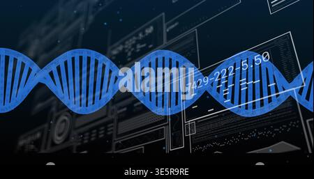 Displaying blue DNA double-helix sliding across virtual lab dashboard, showing numeric overlays Stock Photo