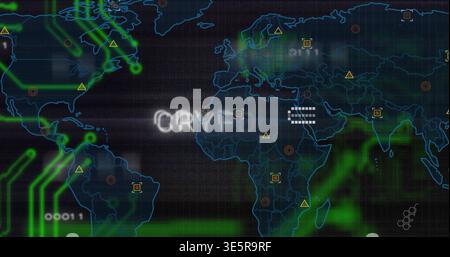 Displaying neon global map pulsing on ops dashboard, with green traces, warning icons, targets Stock Photo