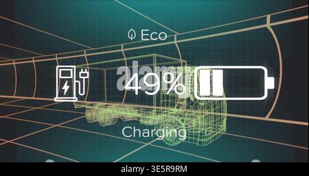 Displaying green wireframe semi-truck model charging inside curved 3D grid tunnel, 49% battery icon Stock Photo