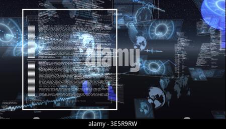Displaying central white-framed HUD panel in 3D data space, with holographic screens, globes, code Stock Photo