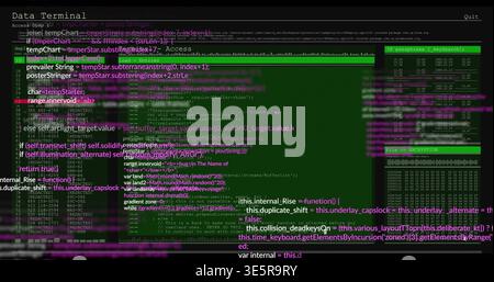 Displaying terminal GUI on screen, showing code panes, passphrase panel and ENCRYPTION block Stock Photo