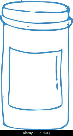 Medical pill bottle icon in blue outline. Doodle style simple linear art of pharmaceutical container for tablets or capsules. Hand drawn vector illust Stock Vector