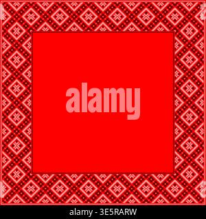 Square frame made of traditional Ukrainian embroidery pattern with red and black cross stitch ornament on white background. Folk ethnic design Stock Vector