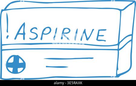 Hand drawn aspirin icon in doodle outline style. Simple linear vector illustration of pain relief medicine box isolated on white background. Stock Vector