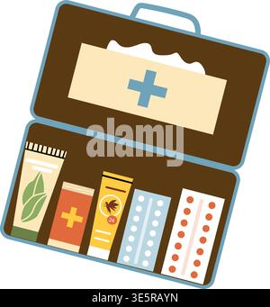 Trip first aid kit opening vector illustration. Travel aid icon. First aid kit for trip or camping, vacation, resort on nature with cotton, bandage, s Stock Vector