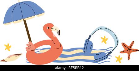 Cartoon summer beach umbrella composition with seaside accessories. Headphones, floating ring flamingo and towel with sea elements. Stock Vector