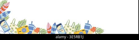 Summer vacation trip background, corner border for traveling planer or dairy. Phone, camera, luggages, surfboards and other summer items. Stock Vector