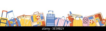Travel vacation luggage background. Airplane baggage elements background for tourism banner or flyer. Open suitcase with summer essentials - bikini an Stock Vector